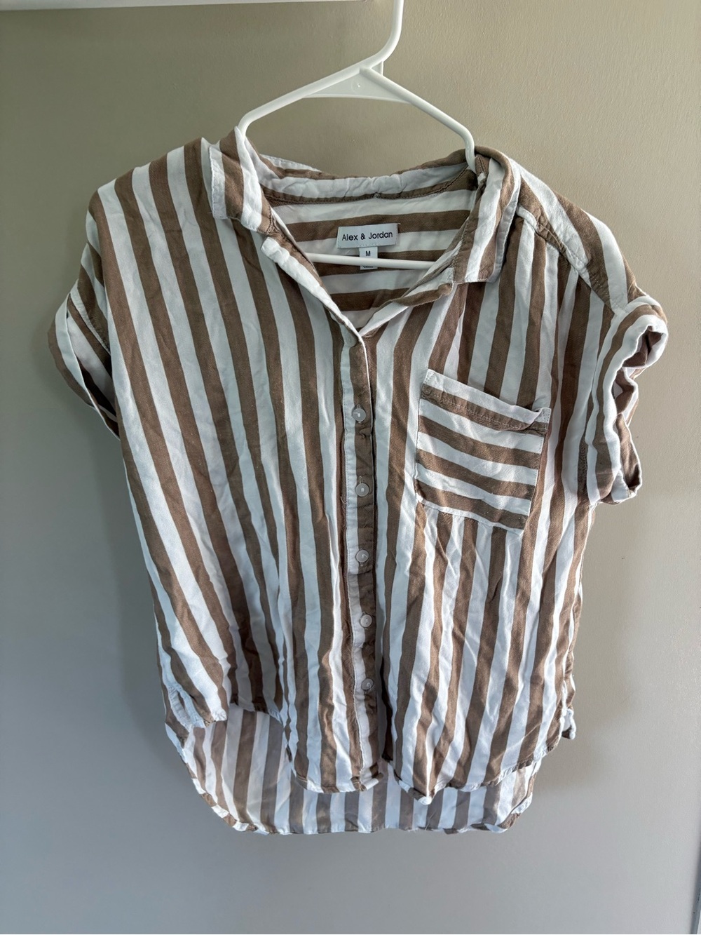 Alex & Jordan Striped Button-Up Shirt in White and Brown